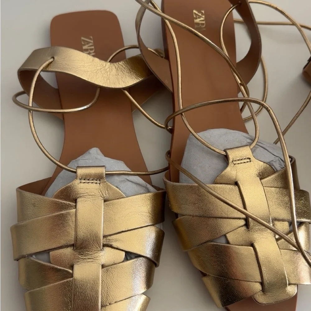 ZARA Metallic Gold Woven Lace-Up Sandals - Picture 3 of 4
